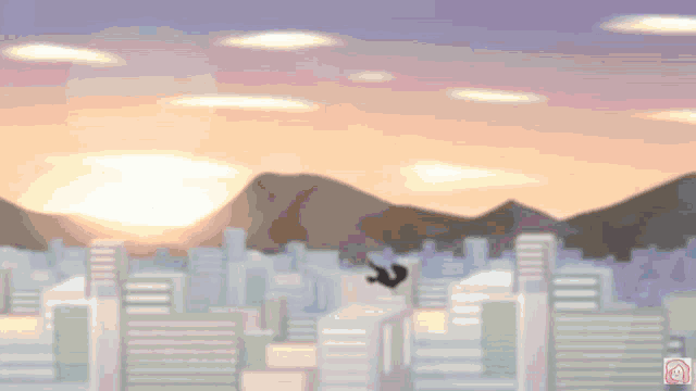 a cartoon drawing of a city with a mountain in the background