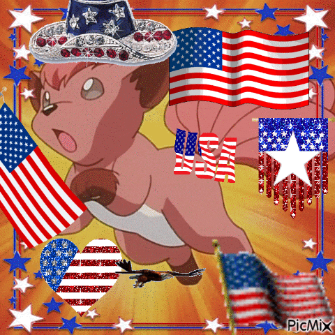 a picture of a dog wearing a cowboy hat and holding an american flag