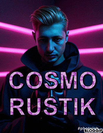 a poster for cosmo rustik shows a man in a hooded jacket