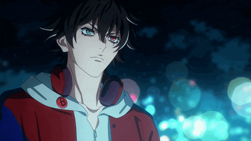 a boy with headphones on has a letter b on his jacket