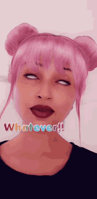 a woman with pink hair has the word whatever in front of her face