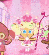a cookie run character is holding a candy cane and a cupcake .