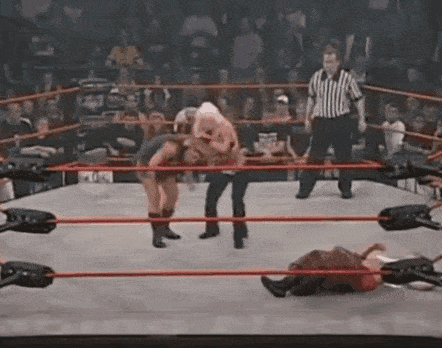 a woman is standing in a wrestling ring with a referee and the words winning neckbrea on the bottom