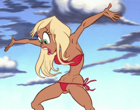 a cartoon drawing of a woman in a red bikini