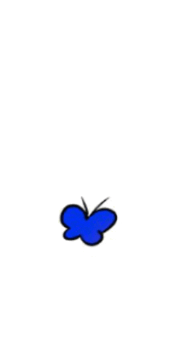 a blue butterfly is flying in the air against a white background .