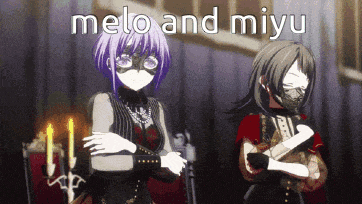 two anime girls wearing masks are standing next to each other with the words " melo and miyu " written above them