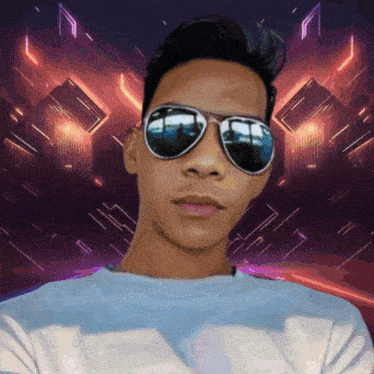a young man wearing sunglasses and a light blue shirt