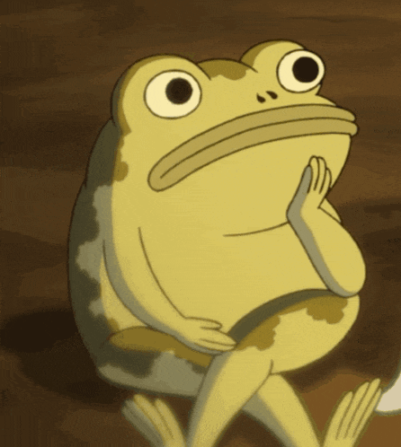 a cartoon frog is sitting down and looking at something