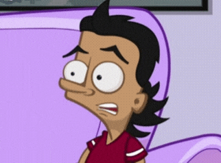 a cartoon character is sitting on a purple couch and making a funny face