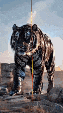a tiger is walking across a rocky landscape with a red line going through it