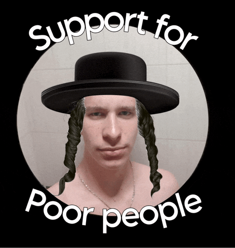 a shirt that says support for poor people with a man wearing a black hat