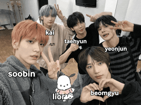 a group of young men posing for a picture with the names soobin taehyun and yeonjun