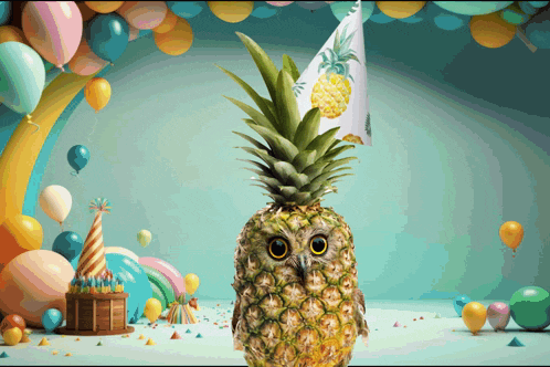 a pineapple owl wearing a pineapple hat stands in front of balloons