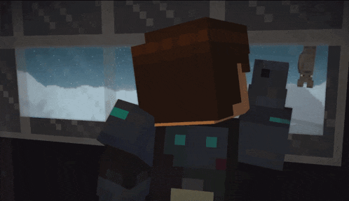 a minecraft character looking out of a window at a squid