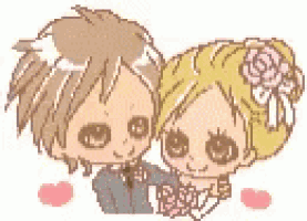 a bride and groom are standing next to each other in a cartoon .