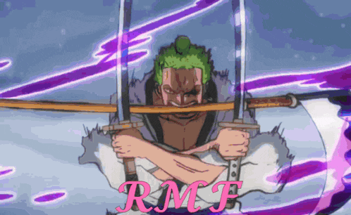 a cartoon of a man holding two swords with the word rmf written below him