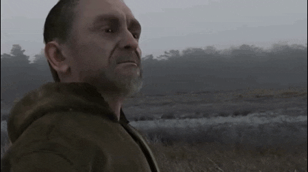 a man with a beard is standing in a field in the fog .