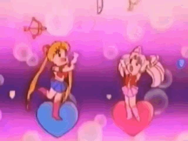 sailor moon and chibi moon are sitting on hearts in a cartoon .