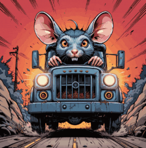 a mouse is driving a truck down a road