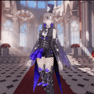a girl in a top hat and purple dress is standing in a hallway