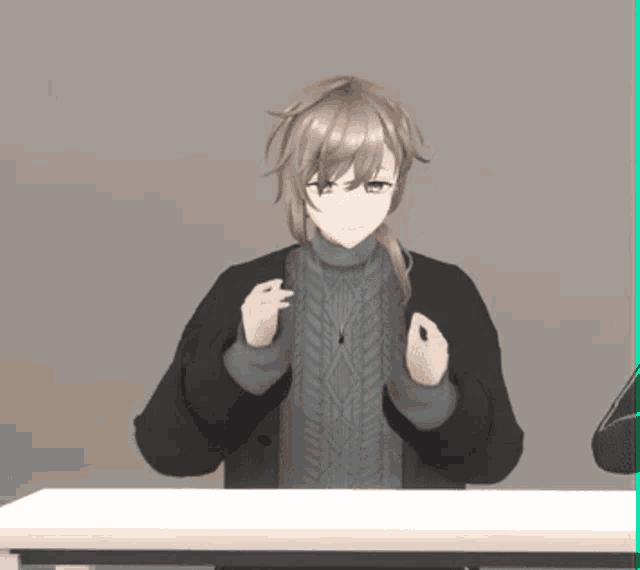 a 3d anime character is standing in front of a white table and waving
