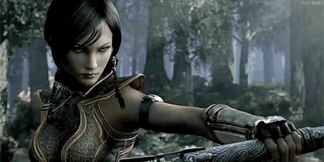 a woman in a video game is holding a sword in a forest ..