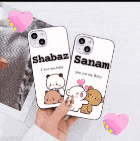 two phone cases that say shabaz and sanam