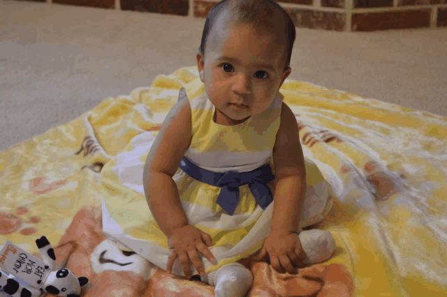 a baby in a yellow and white dress is sitting on a blanket next to a stuffed cow that says i love you