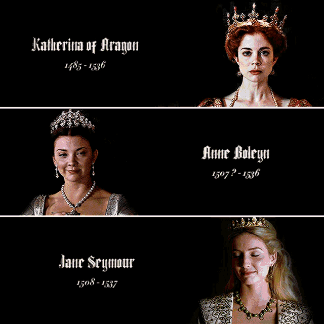 three women wearing tiaras with the names katherine of aragon anne boleyn and jane seymour on them