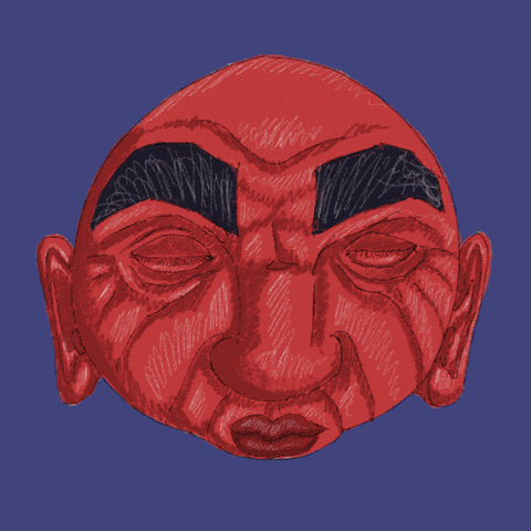 a drawing of a red face with a surprised look on it