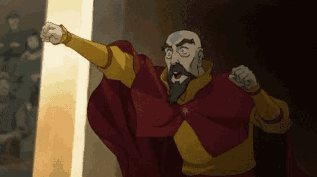a bald man with a beard is wearing a red cape and a yellow sleeve