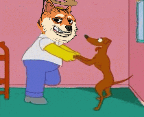 a cartoon of a dog holding hands with a man in a white shirt