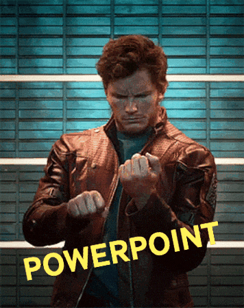 a man in a leather jacket is standing in front of a wall with the word powerpoint on it