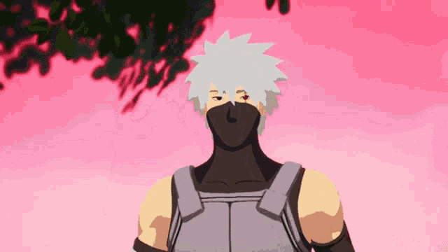 a cartoon character with white hair and a black mask