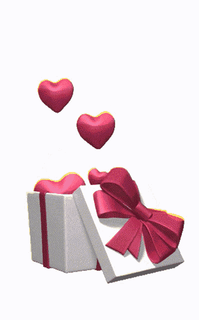 hearts are coming out of a gift box with a bow