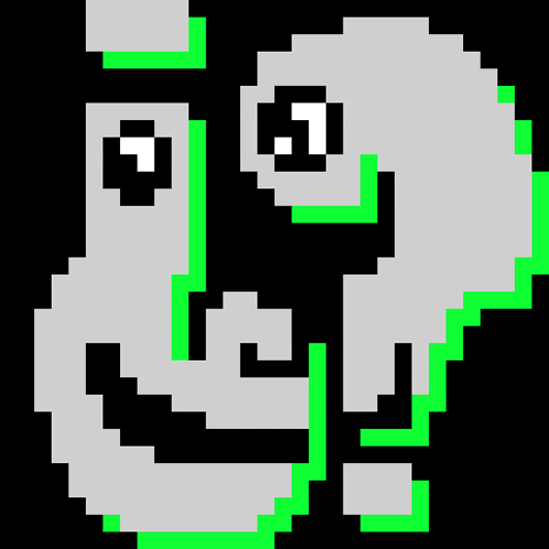 it looks like a pixel art of a skeleton with green eyes and a black background .
