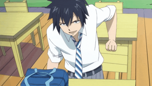 a boy in a white shirt and tie stands in front of a desk