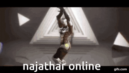 a robot is dancing in a room with triangles in the background and the words najathar online .