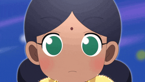 a close up of a cartoon girl with green eyes and a red dot on her forehead