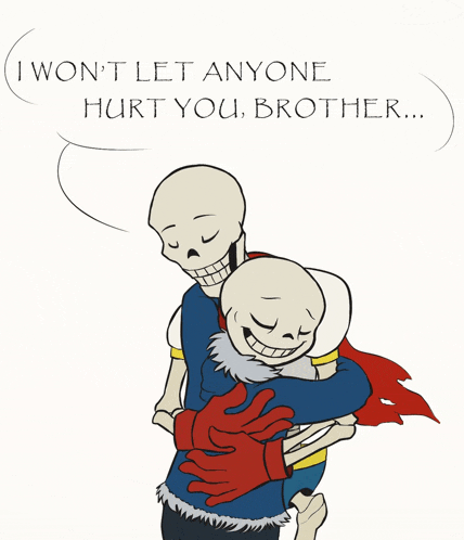 a drawing of two skeletons hugging with the words " i won t let anyone hurt you brother " above them