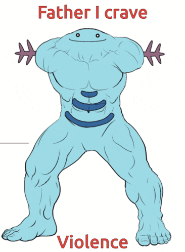 a cartoon of a frog with the words father i crave violence written below it