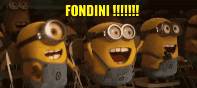 a group of minions are standing in a classroom with the words fondini written on the bottom