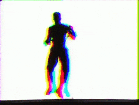 a silhouette of a man dancing in front of a white background with a rainbow of colors .