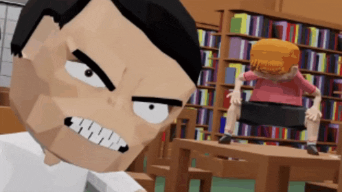 a cartoon of a man with a very angry face and a boy sitting at a table
