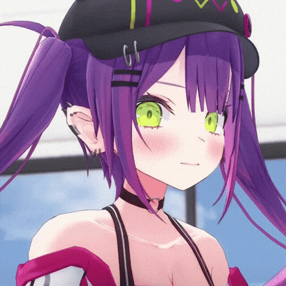 a girl with purple hair and green eyes is wearing a hat and a choker .