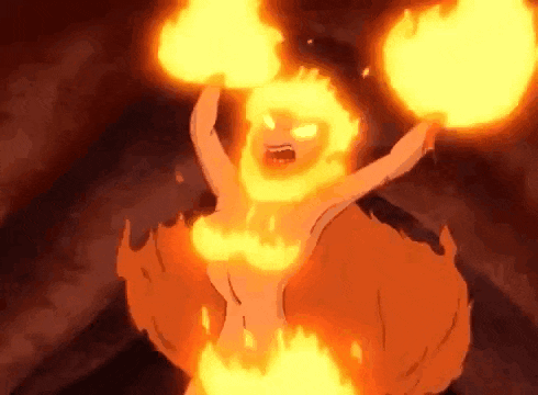 a cartoon character is surrounded by flames and holding two balls of fire .