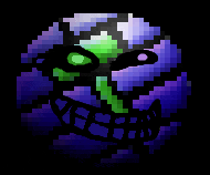a pixel art of a skull with green eyes and purple teeth