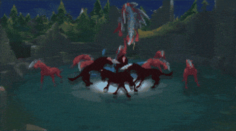 a group of red horses are standing in a circle in the water