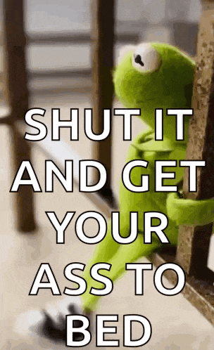 kermit the frog is sitting on a railing with a quote that says `` shut it and get your ass to bed '' .