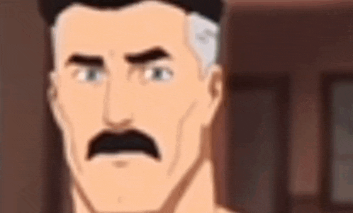 a close up of a cartoon character with a mustache and gray hair .